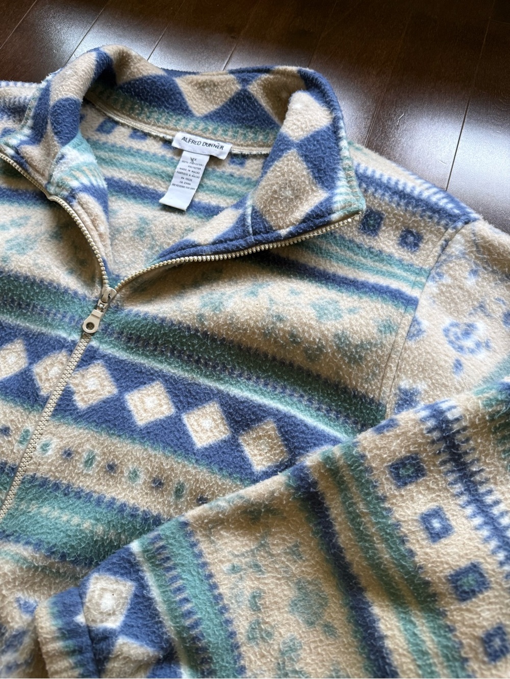 Vintage Alfred Dunner Aztec Fleece Full Zip Sweater Jacket Blue Cream XL - Picture 3 of 6